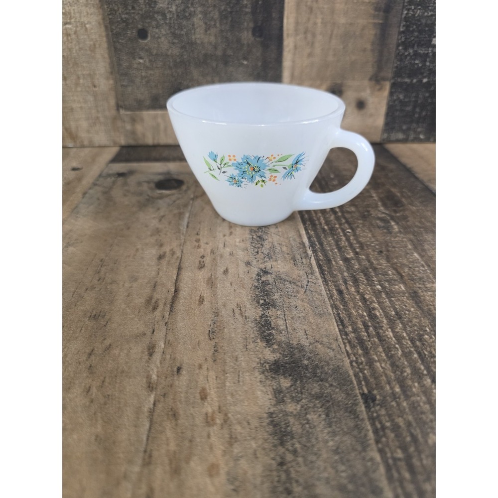 Vintage Fire-King Milk Glass Teacup Blue Cornflower Anchor Hocking White Cup